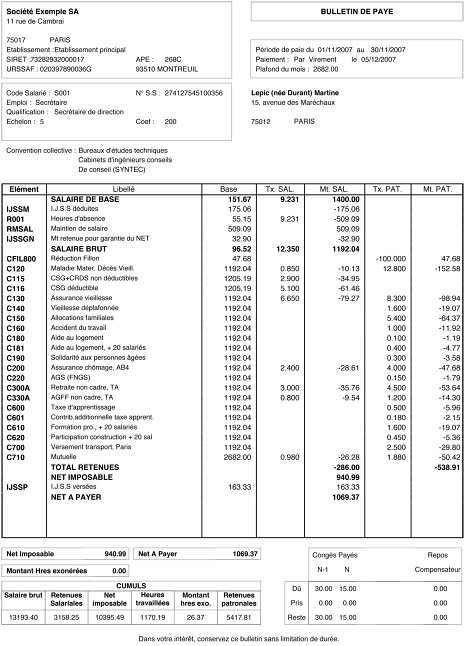 exemple de fiche de paie